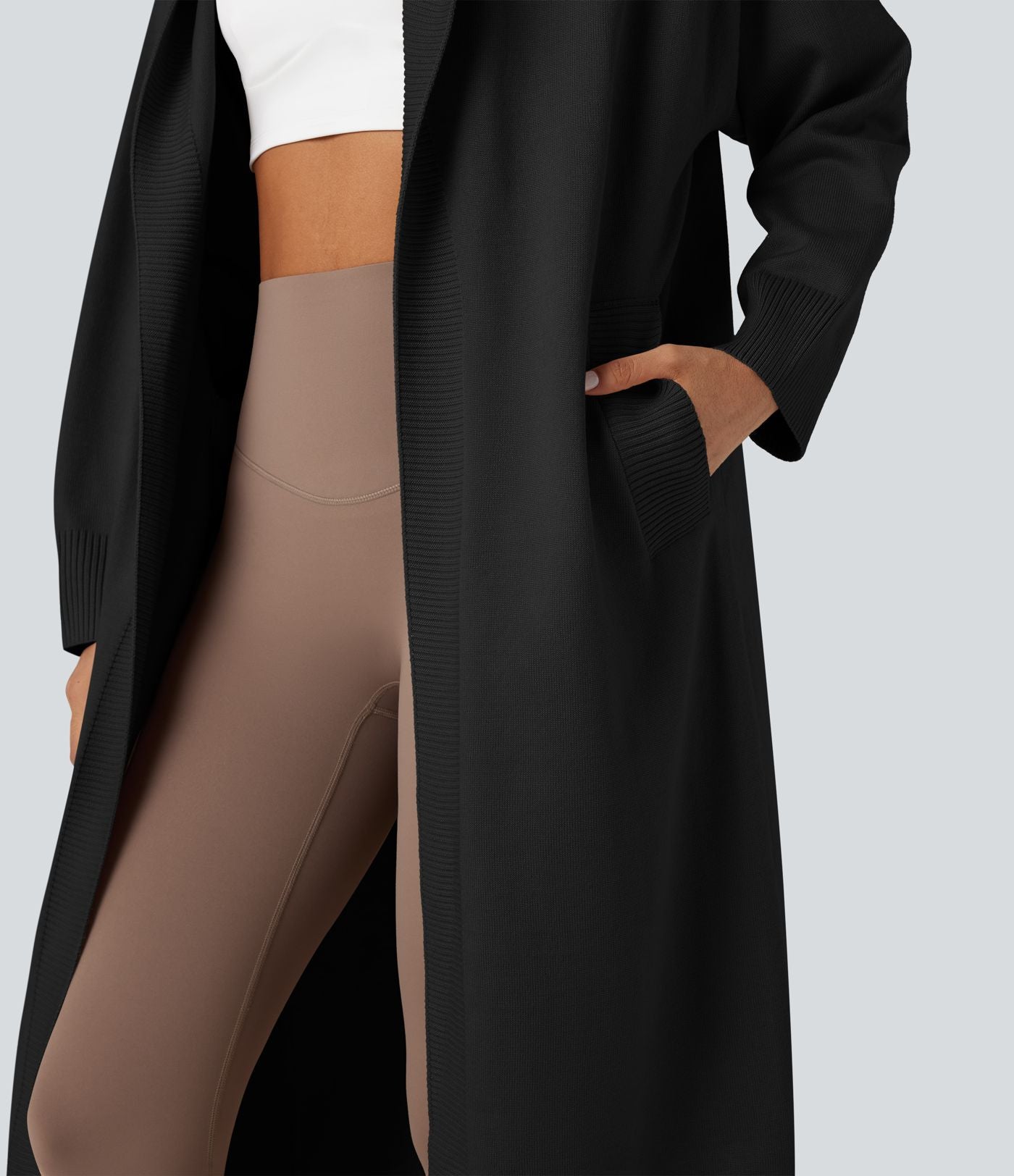 Cardigan long à capuche manches longues avec poches