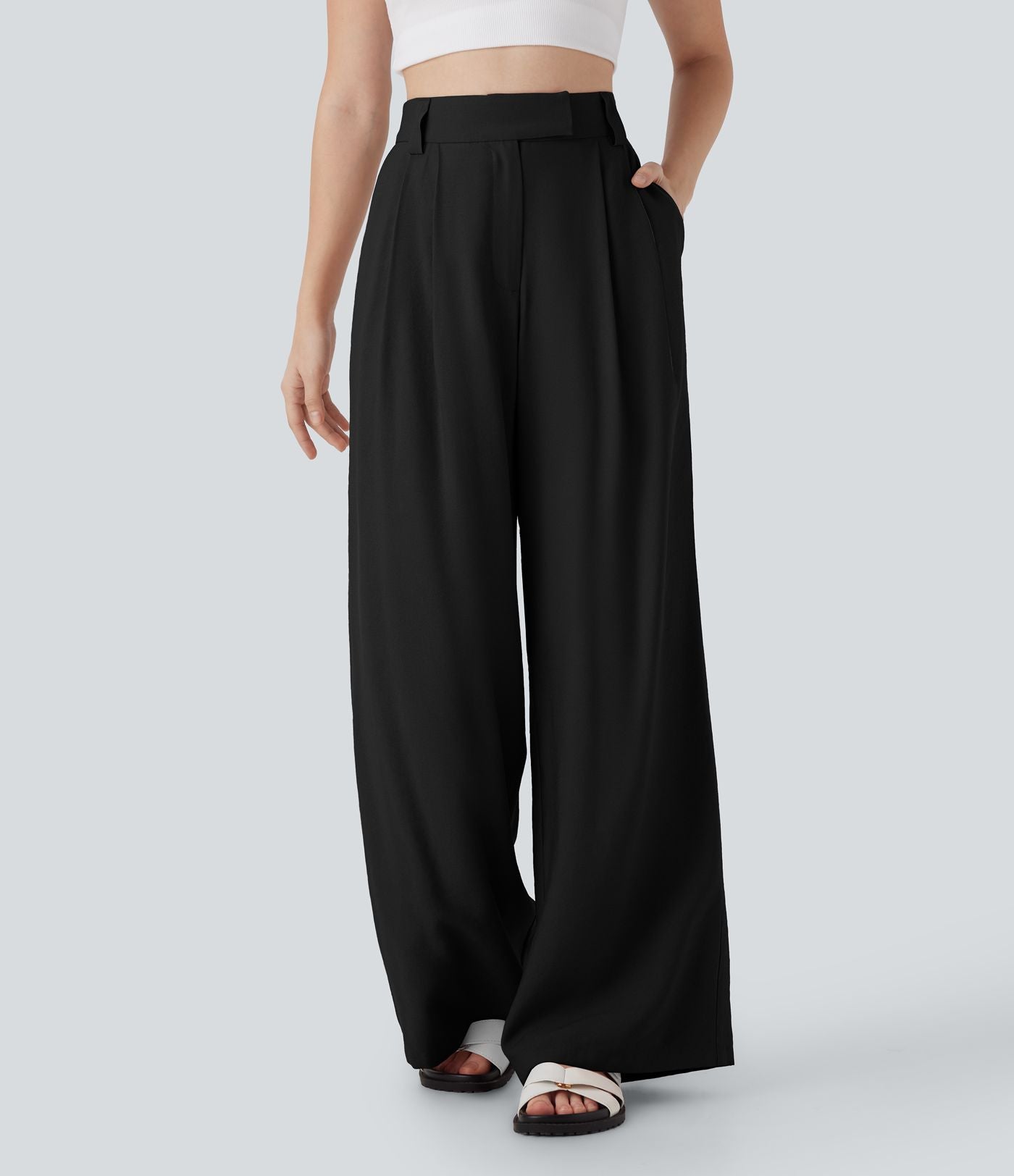 Pantalon large fluide effet lin taille moyenne avec poches