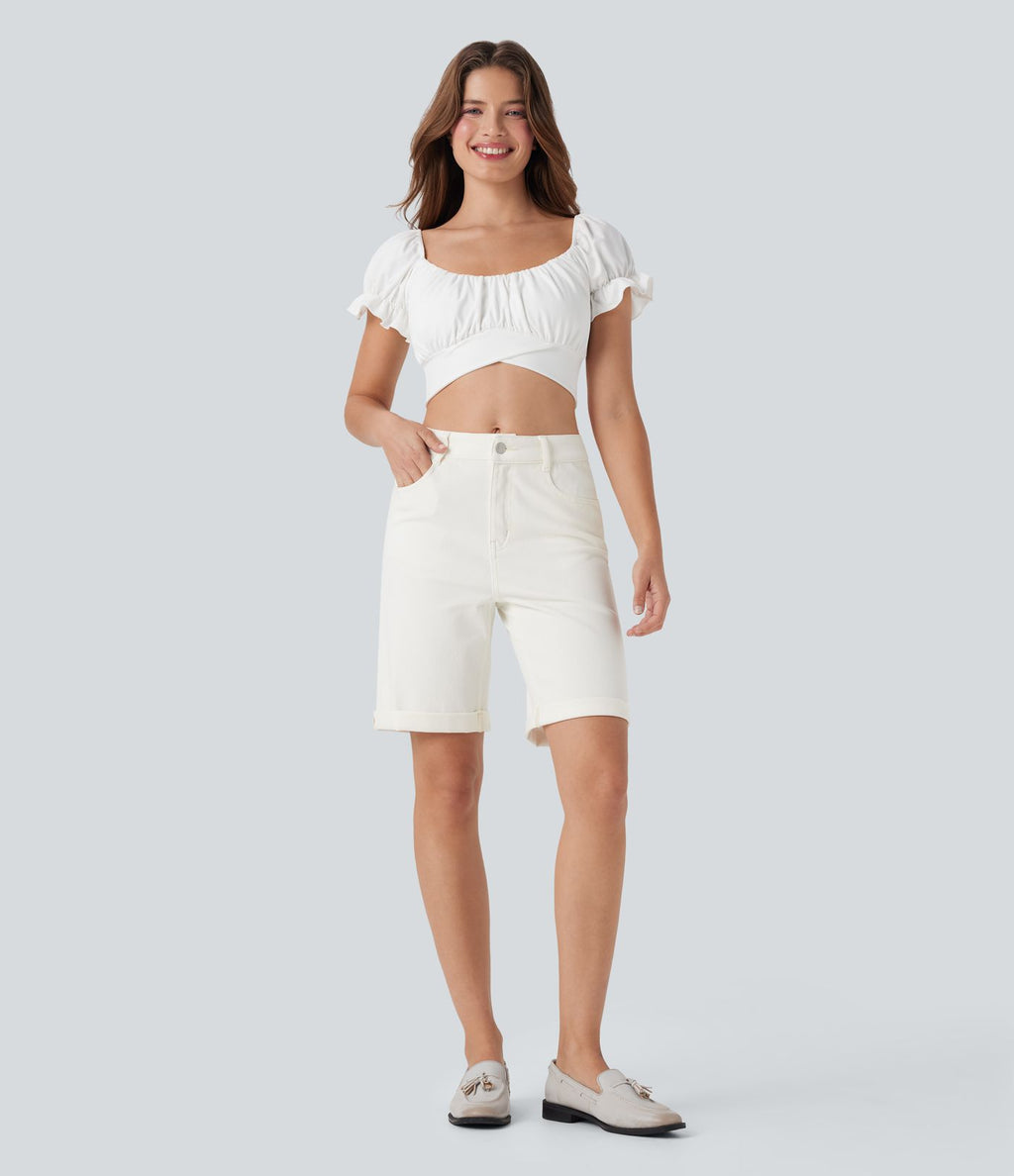 Bermuda décontracté en jean extensible délavé Halara Flex™ taille haute avec revers et multiples poches