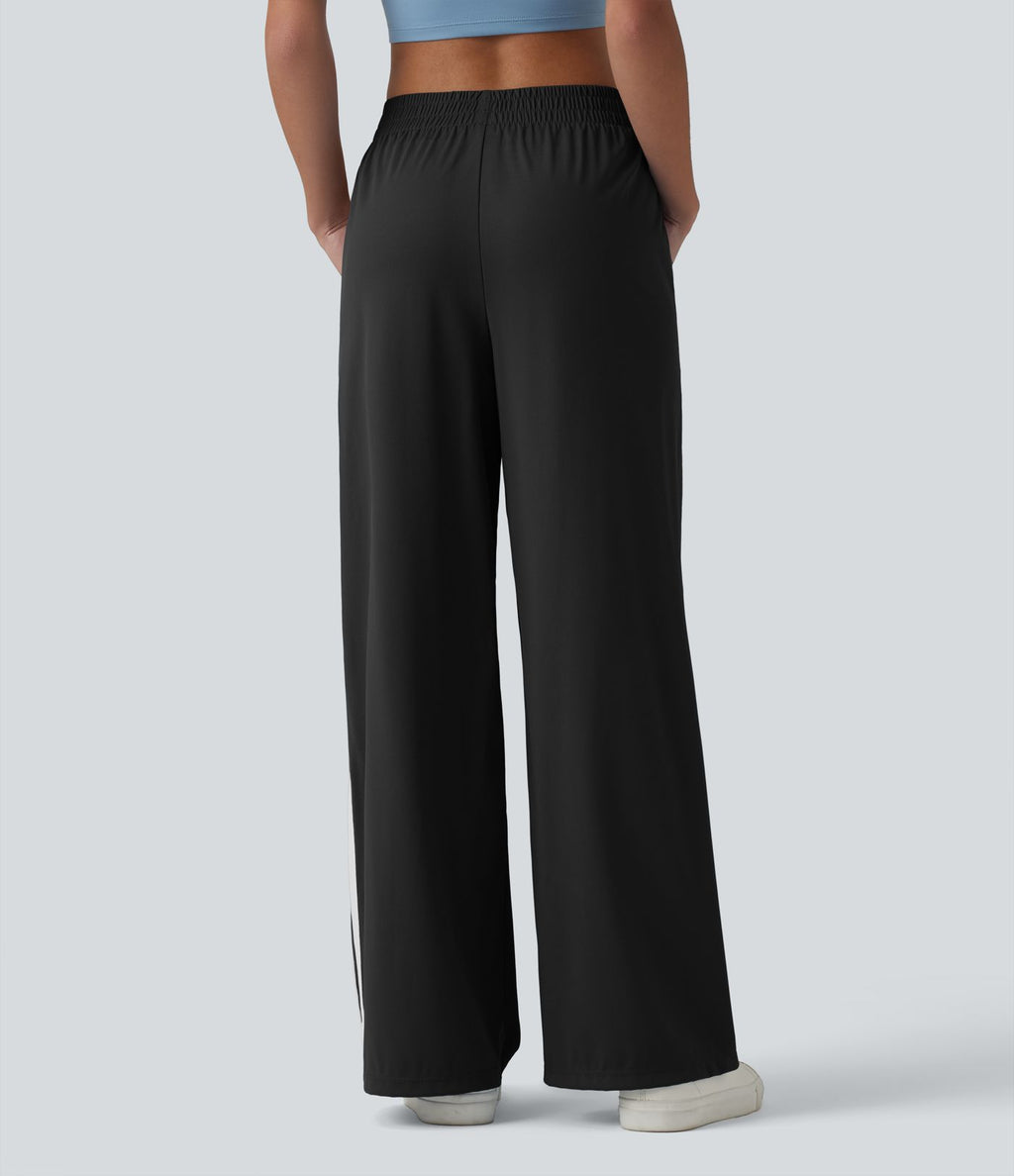 Pantalon décontracté mi-taille coupe droite à séchage rapide à rayures color block avec poches - UPF40+