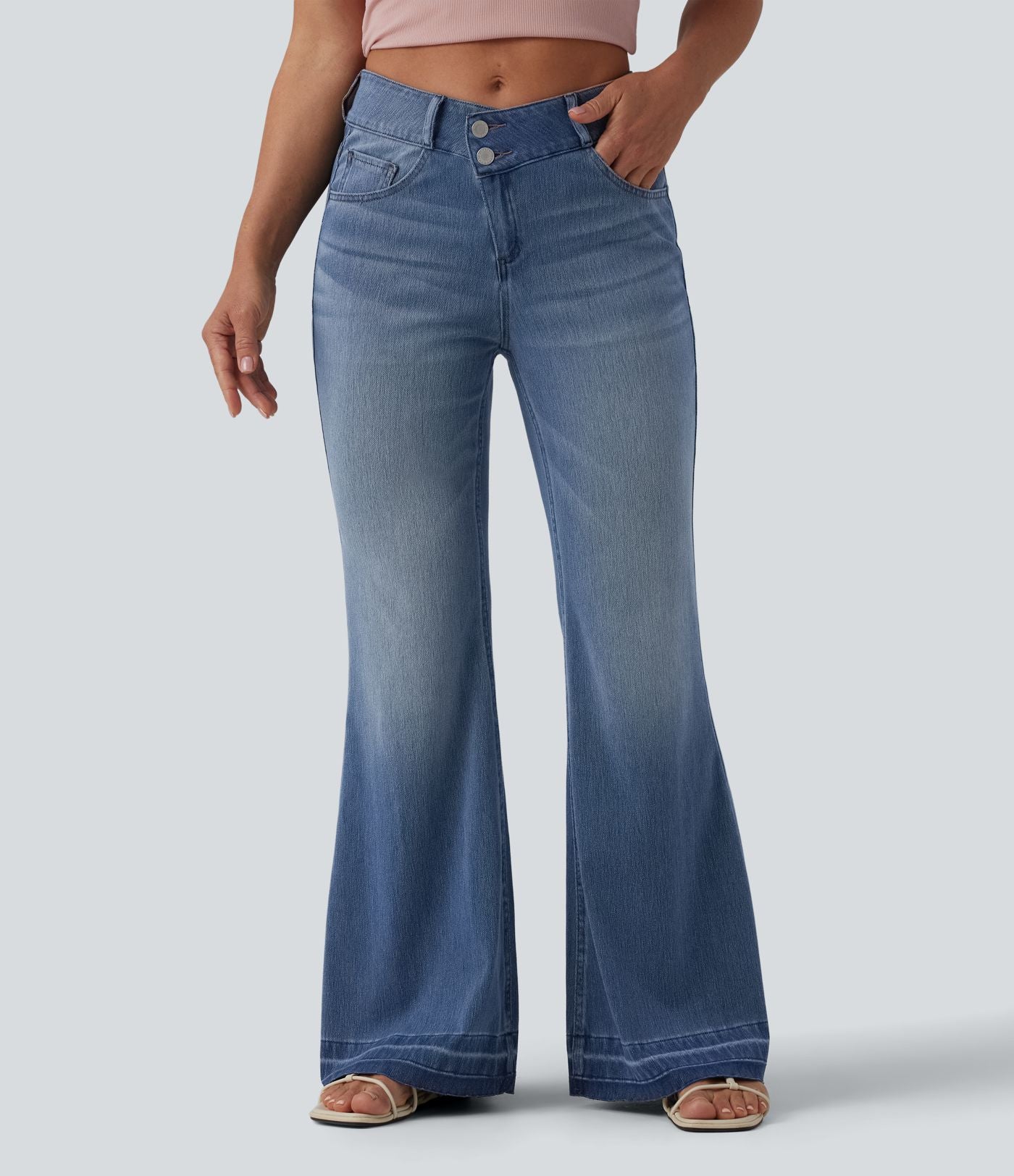 Halara Flex™ Jean évasé casual asymétrique taille mi-haute avec poches