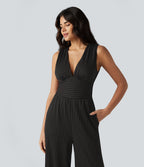 Combinaison tailleur col V sans manches à rayures et fronces avec poches - Easy Peasy