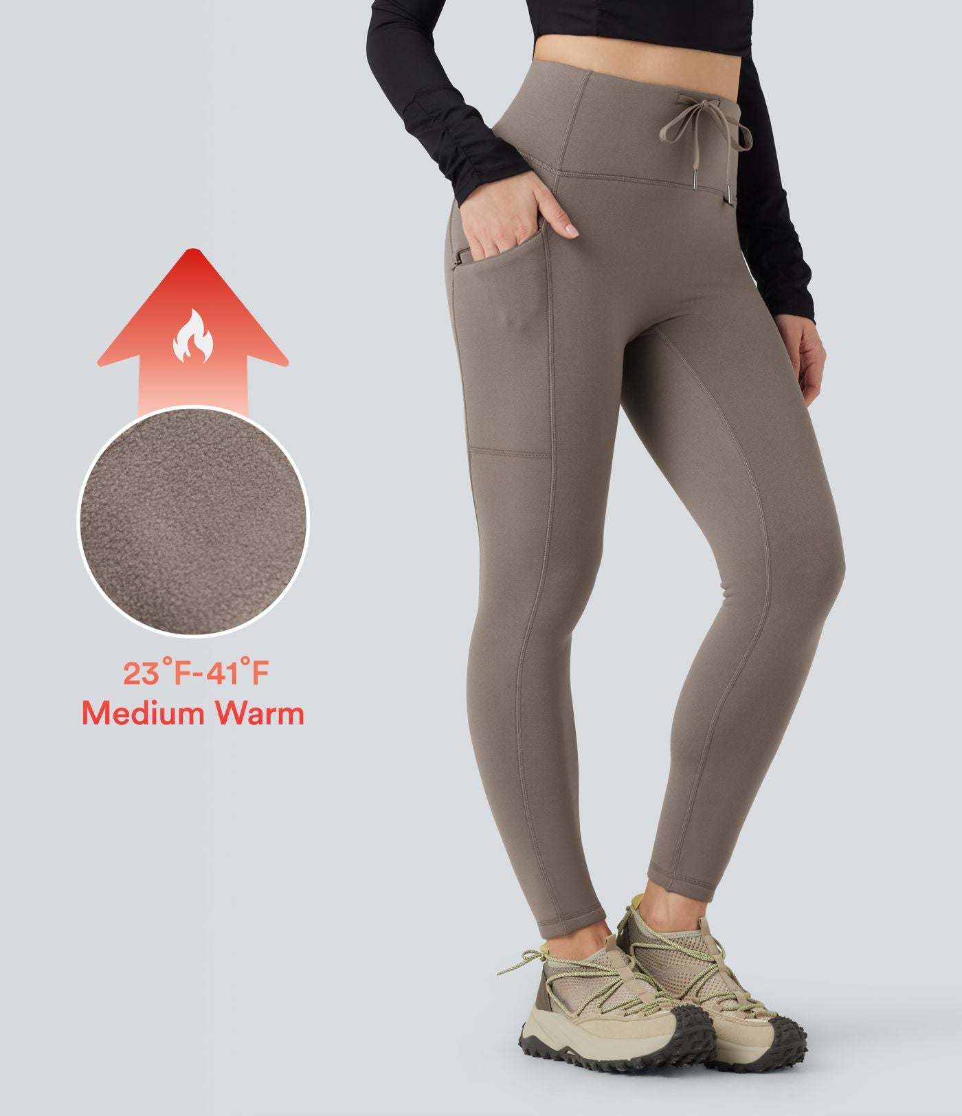 Legging de randonnée 7/8 en molleton taille haute avec cordon et poche