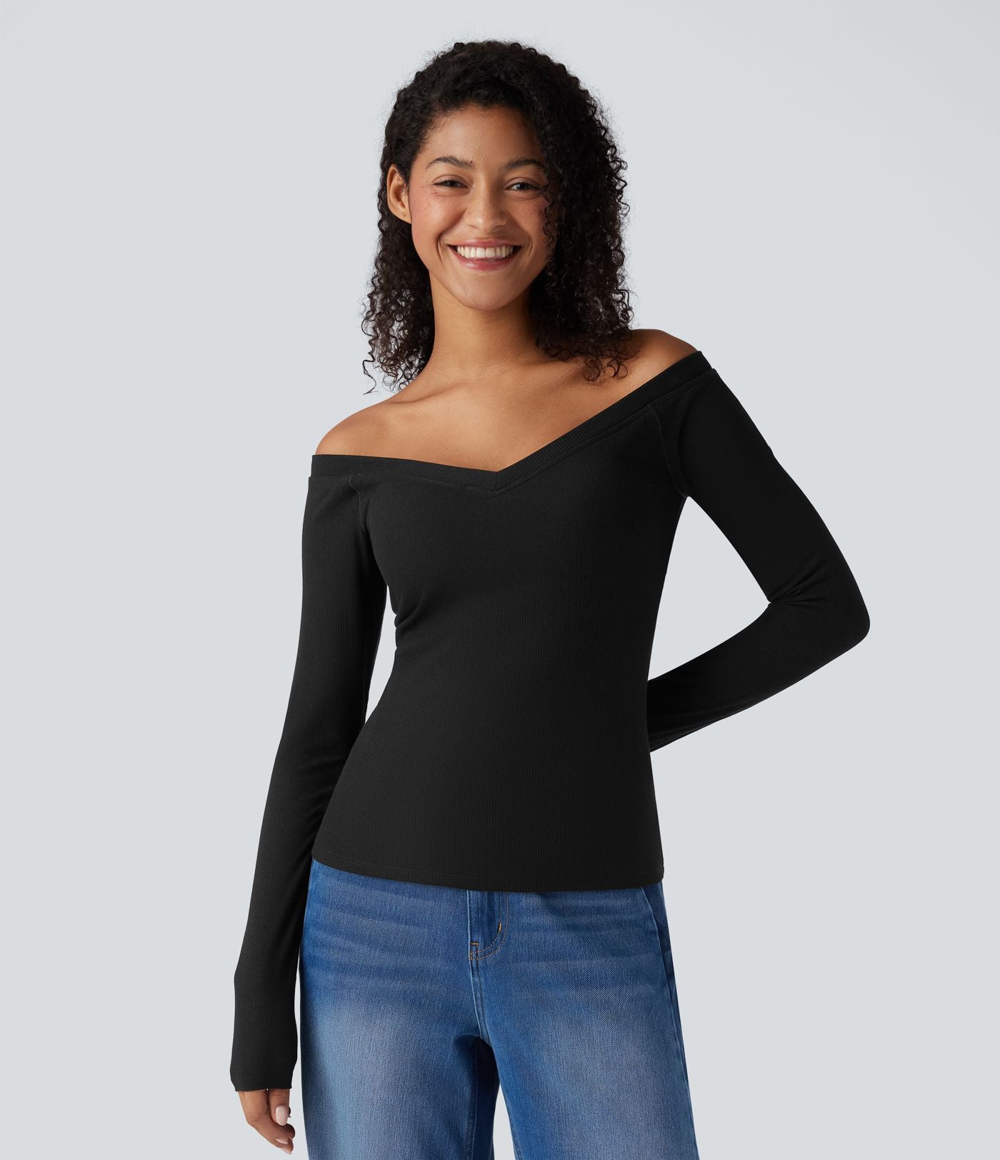 Top casual push-up côtelé épaules dénudées à manches longues - Bonnet A/B