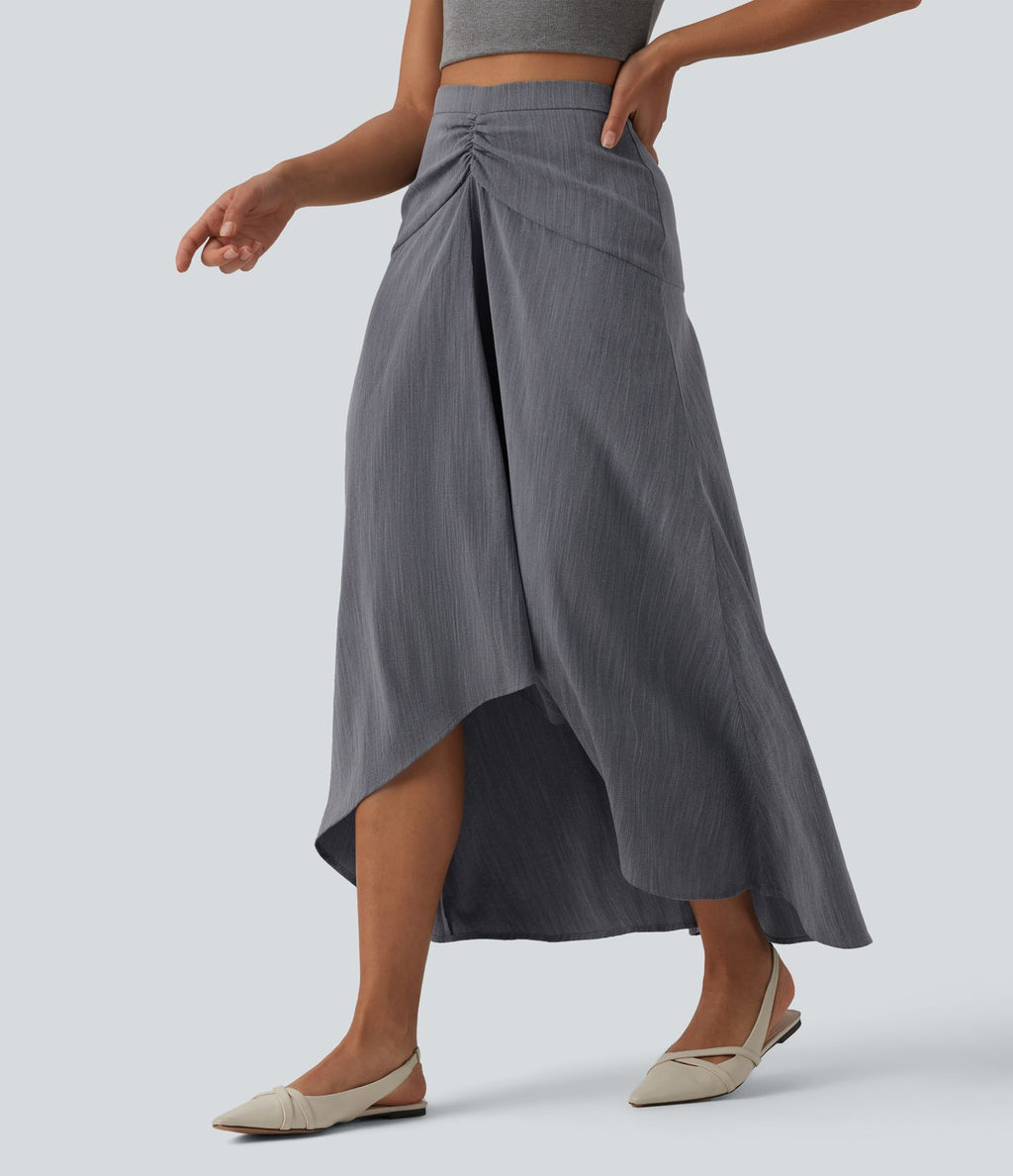 Jupe longue taille haute ourlet asymétrique aspect lin