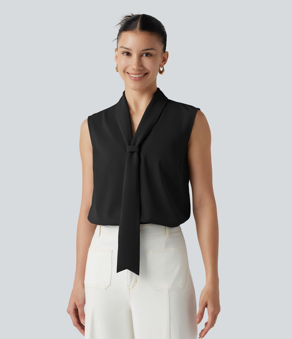 Blouse  sans manches esprit bureau défroissage facile, col V et lien à nouer