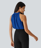 Blouse Travail Sans Manches Ourlet Courbé Col Haut Découpe au Dos Plis
