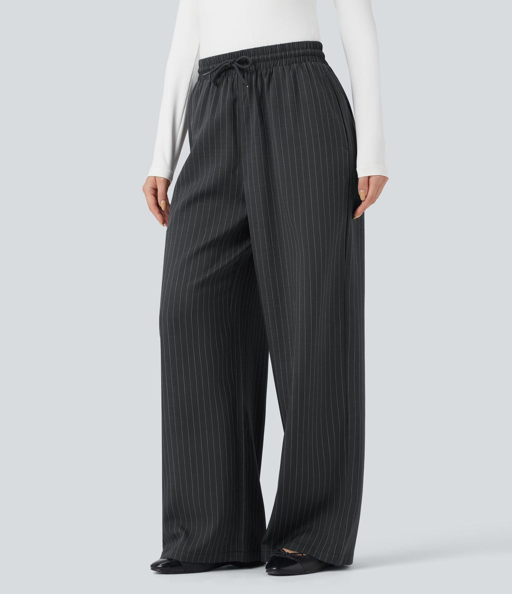 Pantalon décontracté large rayé taille haute avec cordon et poches