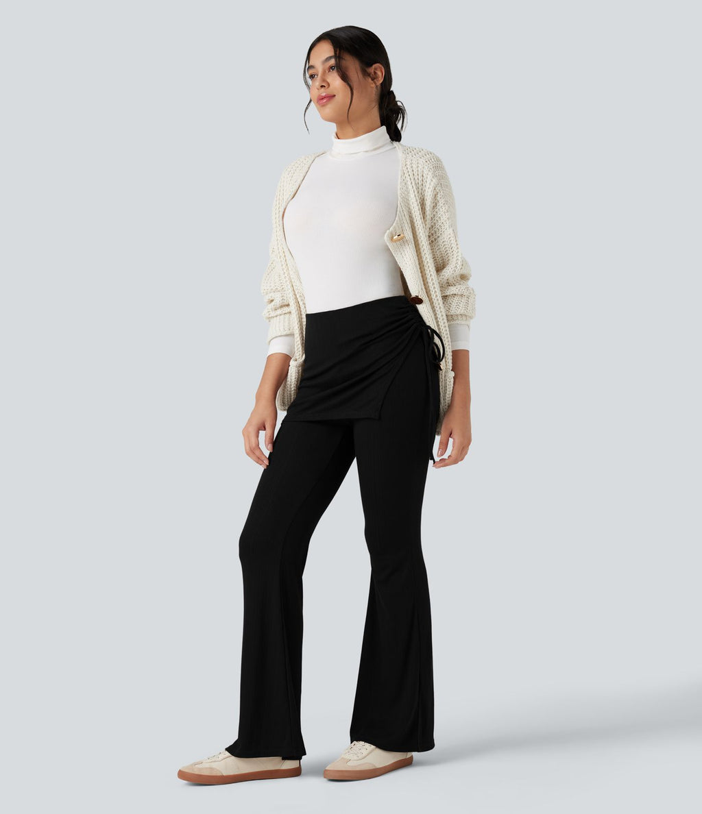 Pantalon évasé côtelé 2-en-1 froncé taille mi-haute avec cordon de serrage