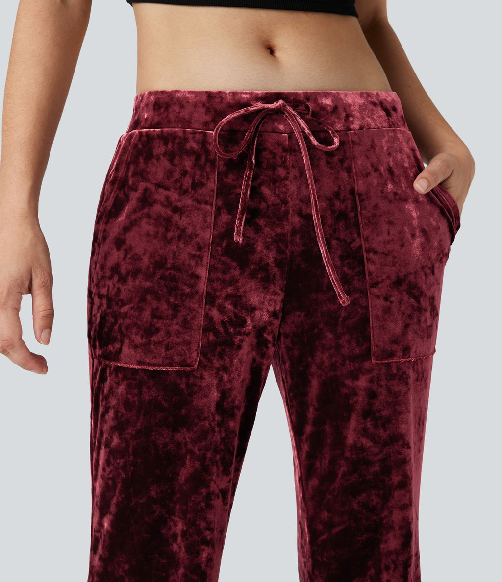 Pantalon évasé velours taille basse avec cordon de serrage et poches