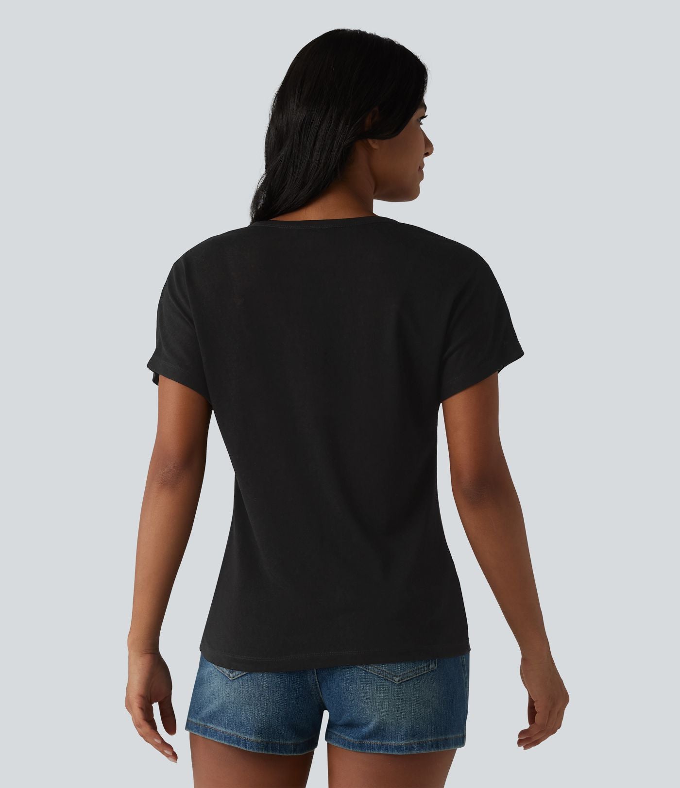 T-shirt casual col V semi-transparent en lyocell manches courtes