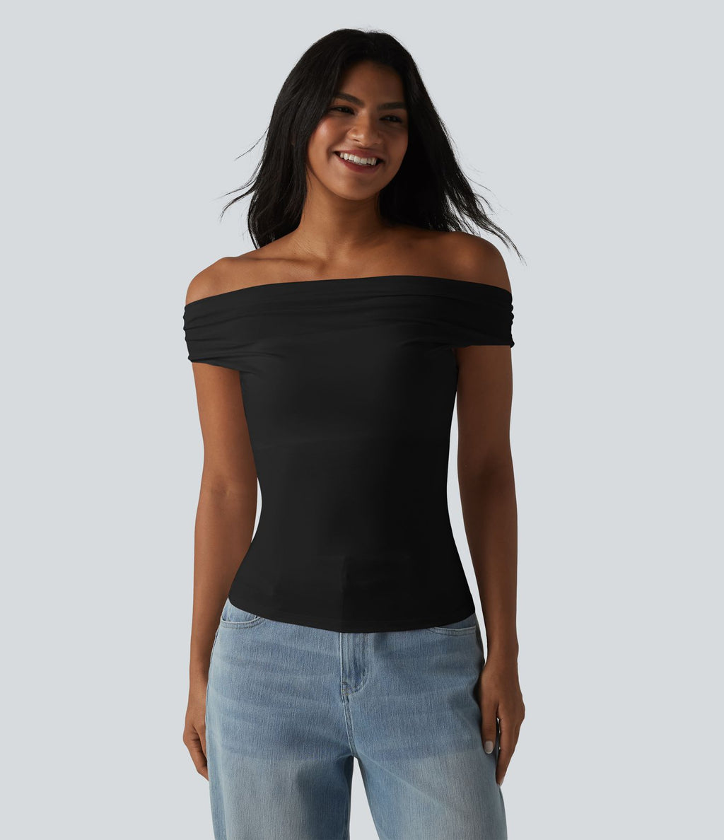 Halara haut décontracté en jersey de coton col bénitier sans manches soutien-gorge intégré bonnets B-DD