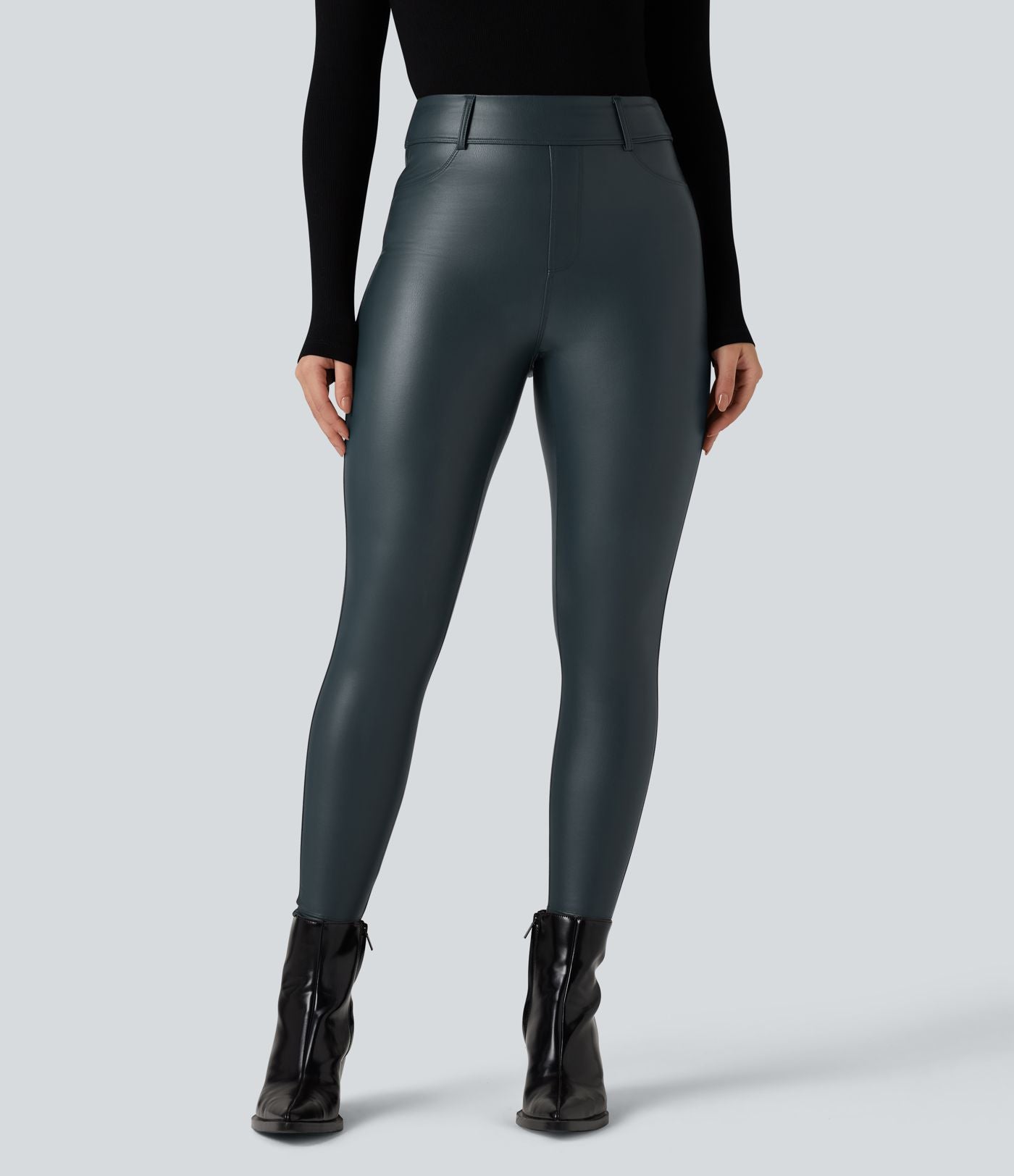Pantalon polaire simili cuir extensible taille haute avec poches