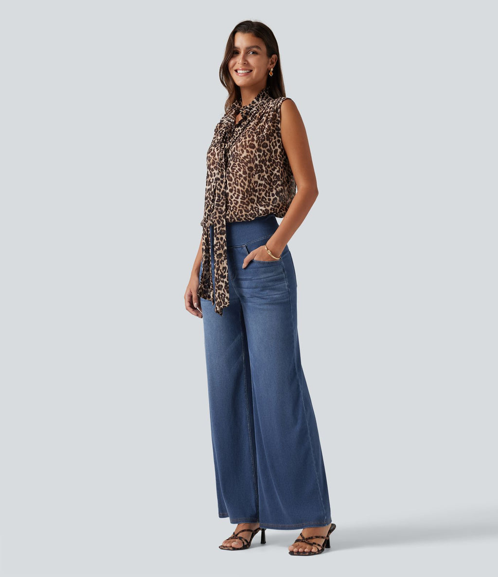 Halara Flex™ Jean large casual taille haute ventre plat, en lyocell drapé effet délavé, avec poches