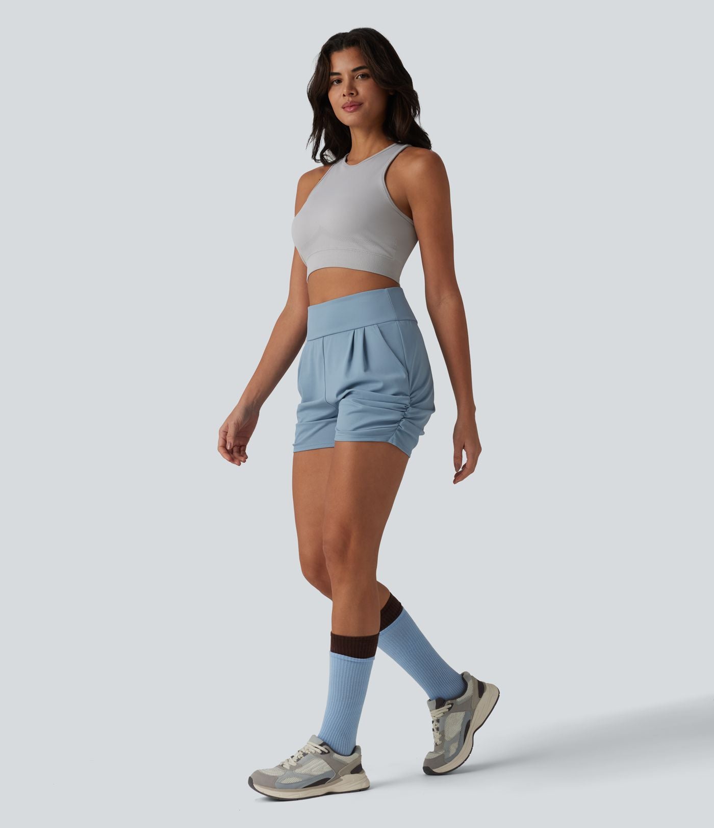 Short Yoga froncé taille haute, séchage rapide, UPF40+ avec poches