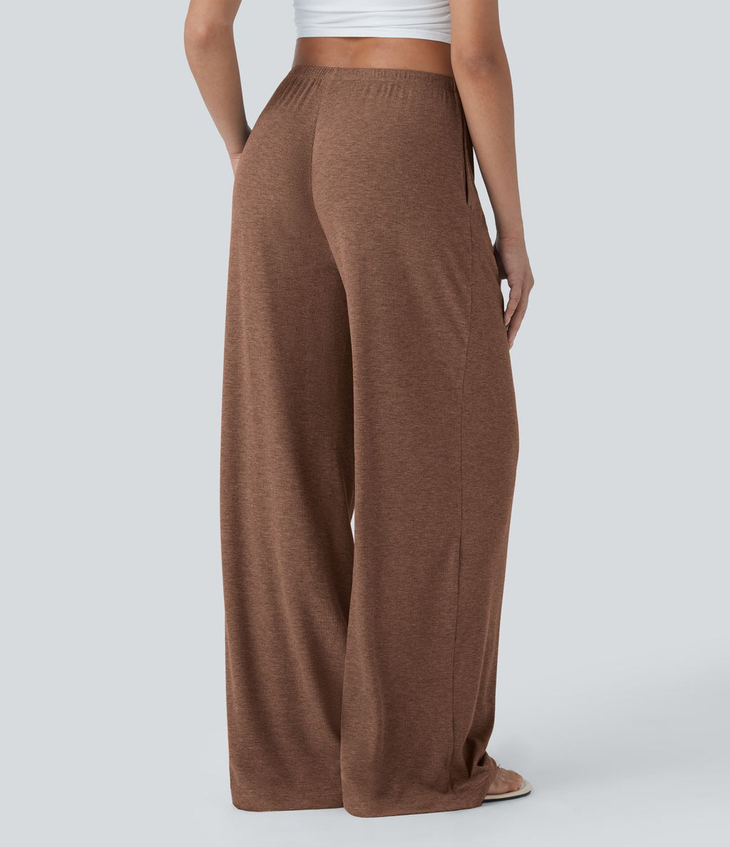 Pantalon fluide ample à taille basse avec cordon de serrage, côtes extensibles, doux pour la peau et poches latérales