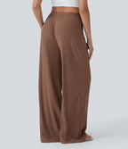 Pantalon fluide ample à taille basse avec cordon de serrage, côtes extensibles, doux pour la peau et poches latérales
