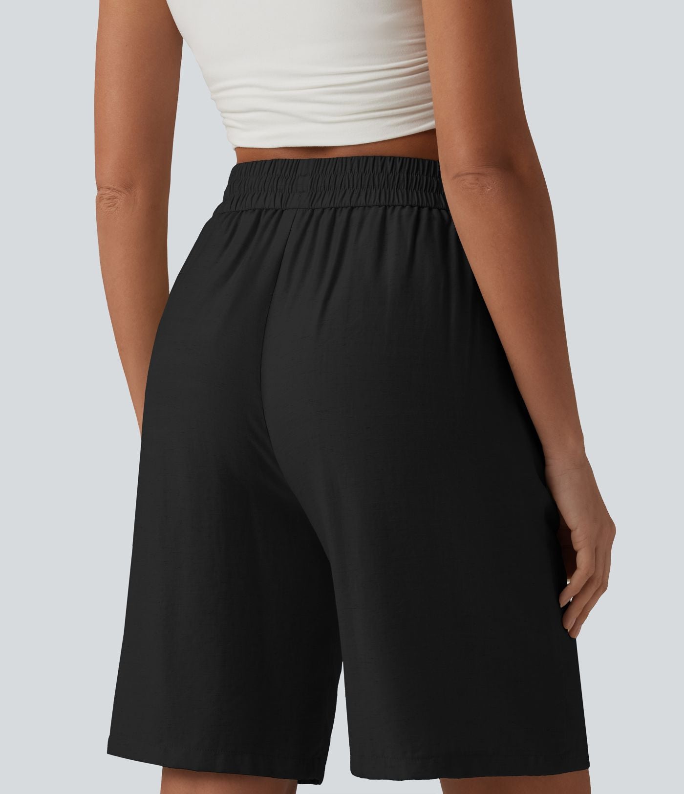 Short décontracté taille haute en lin mélangé avec cordon de serrage et poches, 25 cm