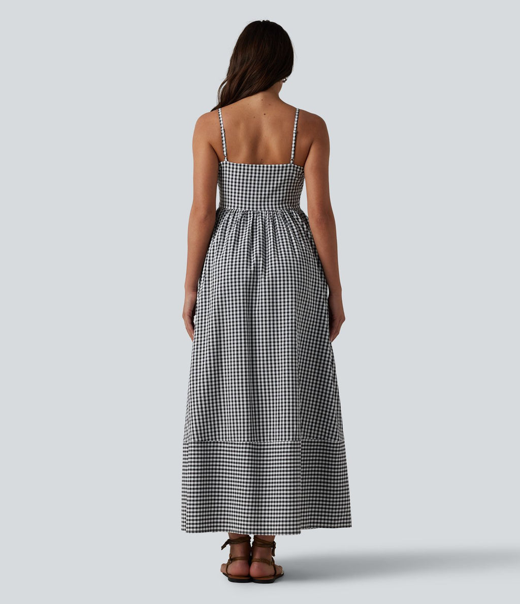 Robe longue fluide décontractée à bretelles motif vichy avec fermeture éclair invisible et poches