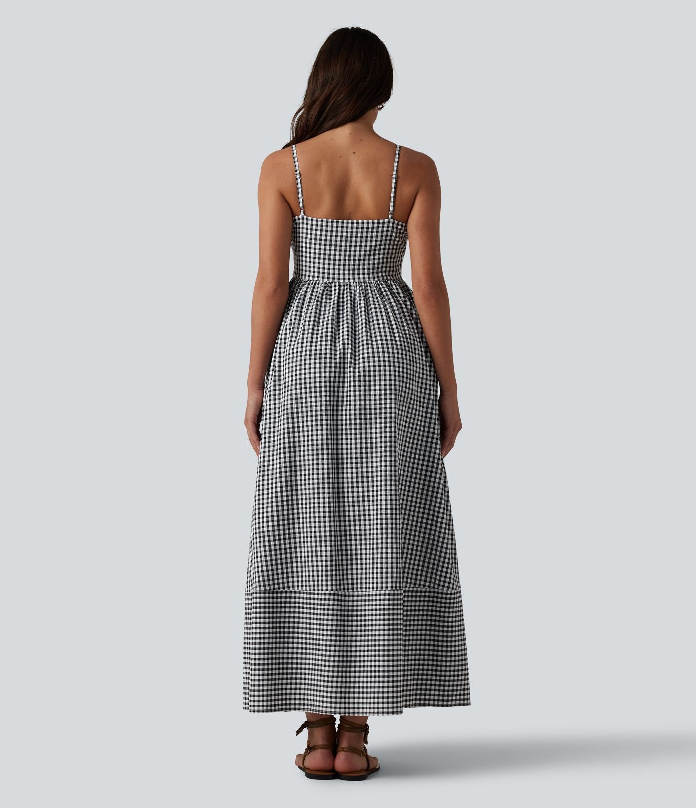 Robe longue fluide décontractée à bretelles motif vichy avec fermeture éclair invisible et poches