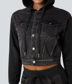 Veste en jean patchwork à capuche avec cordon de serrage et manches longues Halara Flex™