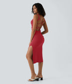 Robe midi laquée fendue, brassière intégrée, dos nu croisé
