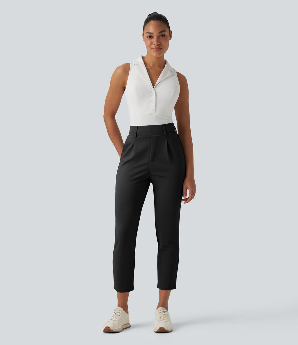 Pantalon de golf fuselé crêpe taille haute avec poches