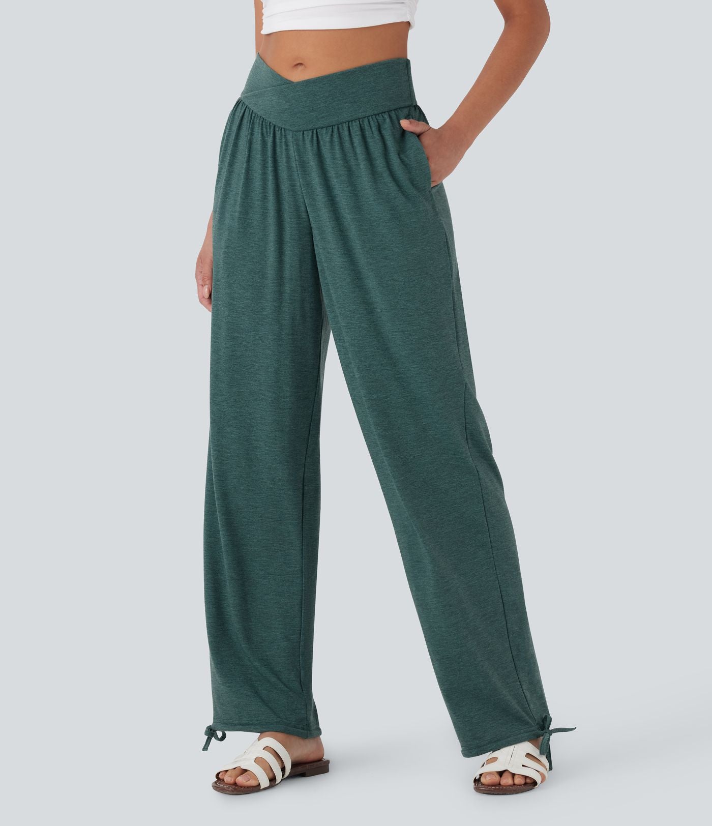 Pantalon de jogging décontracté à taille haute croisée avec poches latérales et cordon de serrage