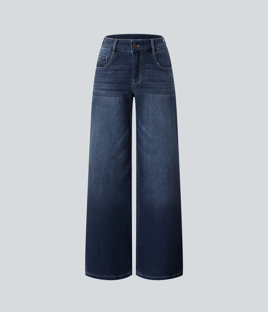 Halara Flex™ Jean Large Casual Taille Basse avec Boutons Zip Multiples Poches Lavés Élastiques et Tricotés