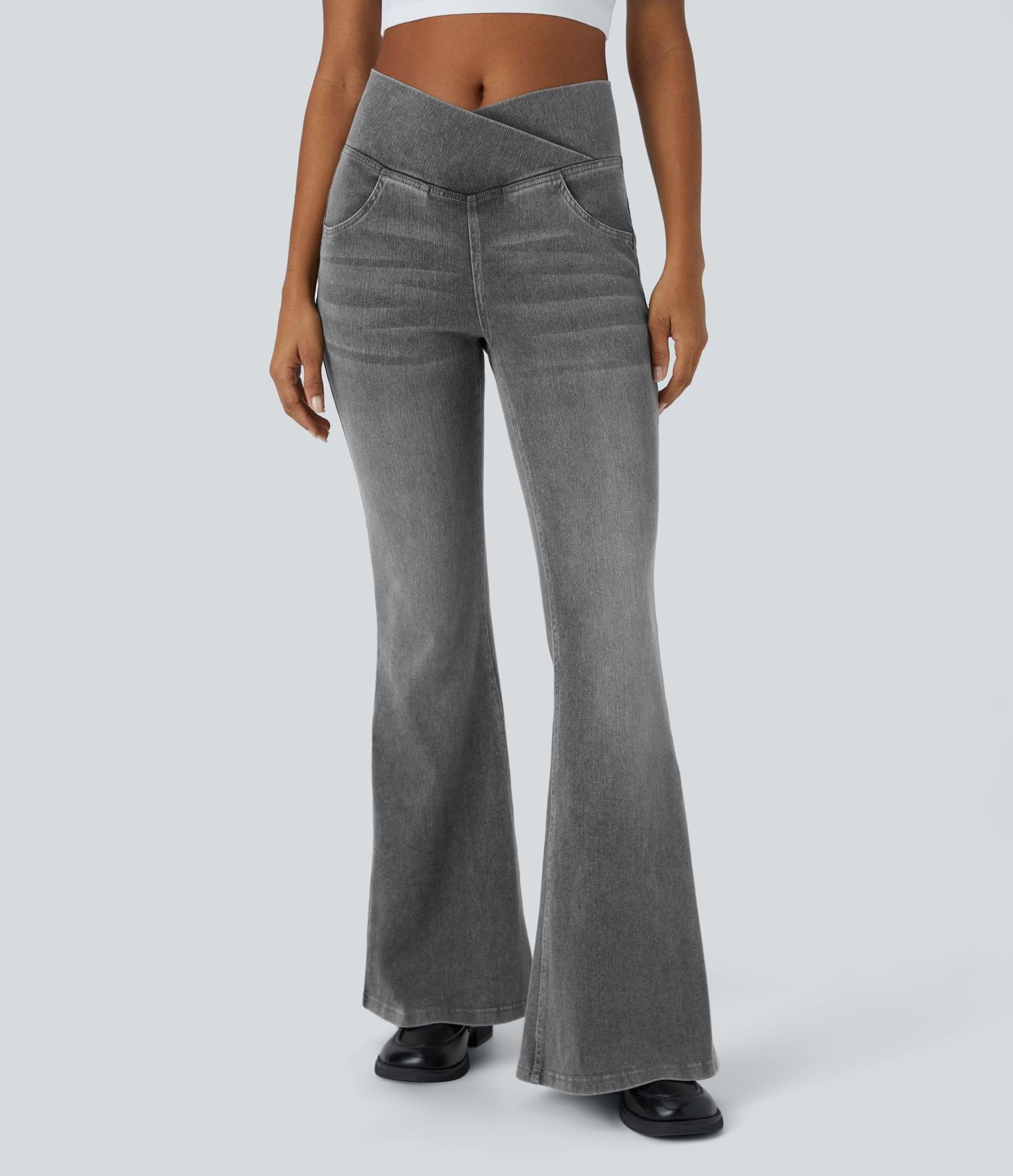 Halara Flex™ Jean Évasé à Taille Haute avec Poche Crossover Tissu Élastique Lavé
