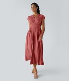 Breezeful™ Robe Mi-Longue Col en V Manches Courtes Poche Latérale Nouée au Dos Séchage Rapide