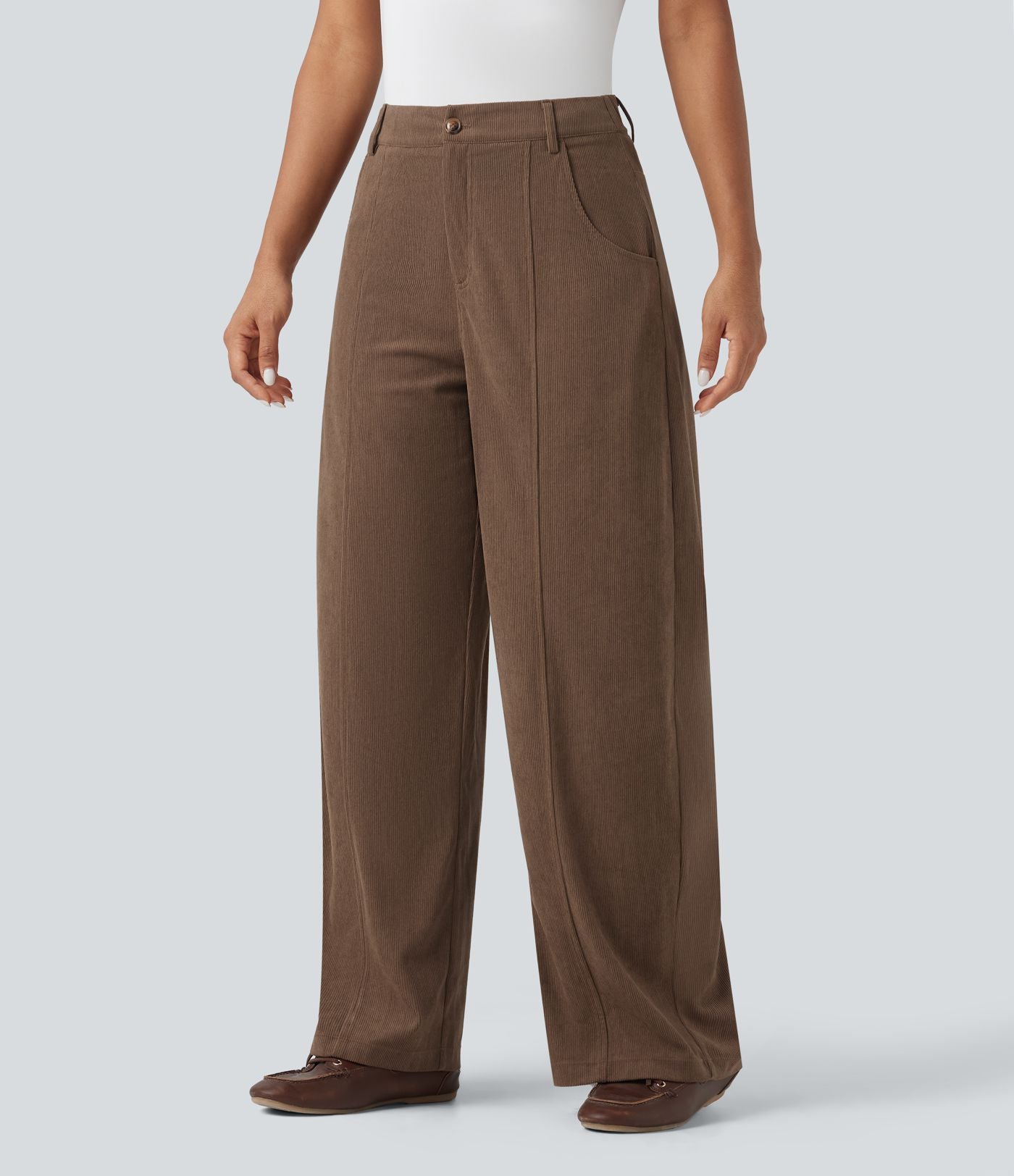 Pantalon décontracté large en velours côtelé taille haute avec poches