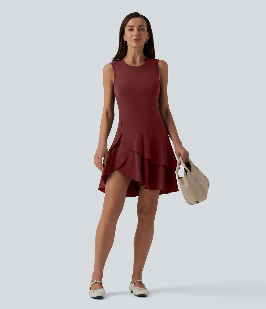 Robe mini décontractée SoftlyZero™ Airy col rond sans manches à volants superposés effet frais InstantCool