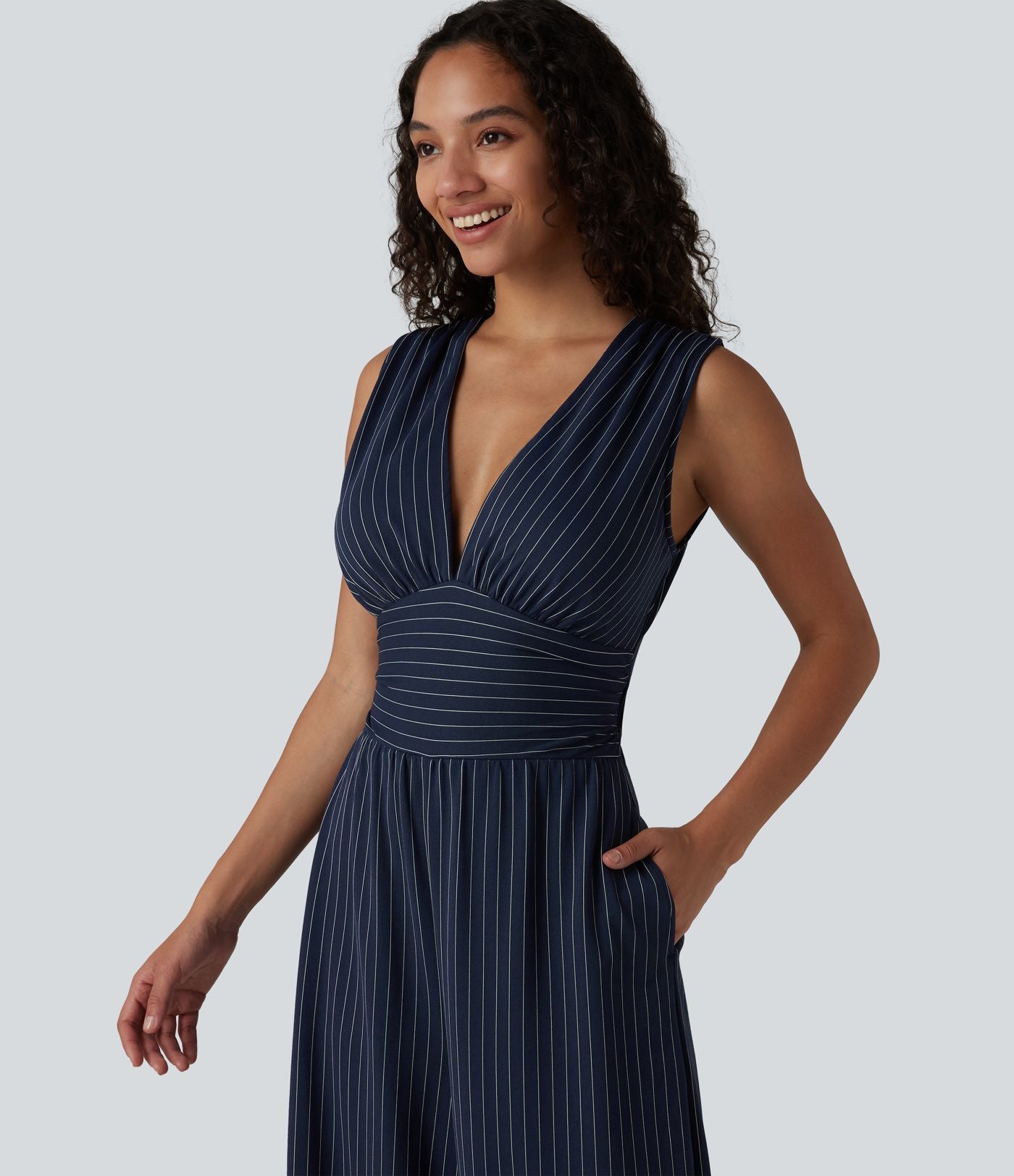 Combinaison tailleur col V sans manches à rayures et fronces avec poches - Easy Peasy