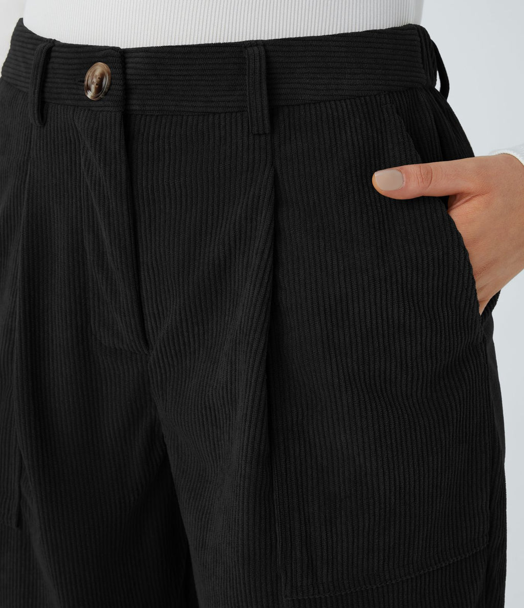Pantalon décontracté en velours côtelé avec taille mi-haute, boutons et fermeture éclair