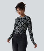 Top casual ajusté col rond manches longues imprimé léopard