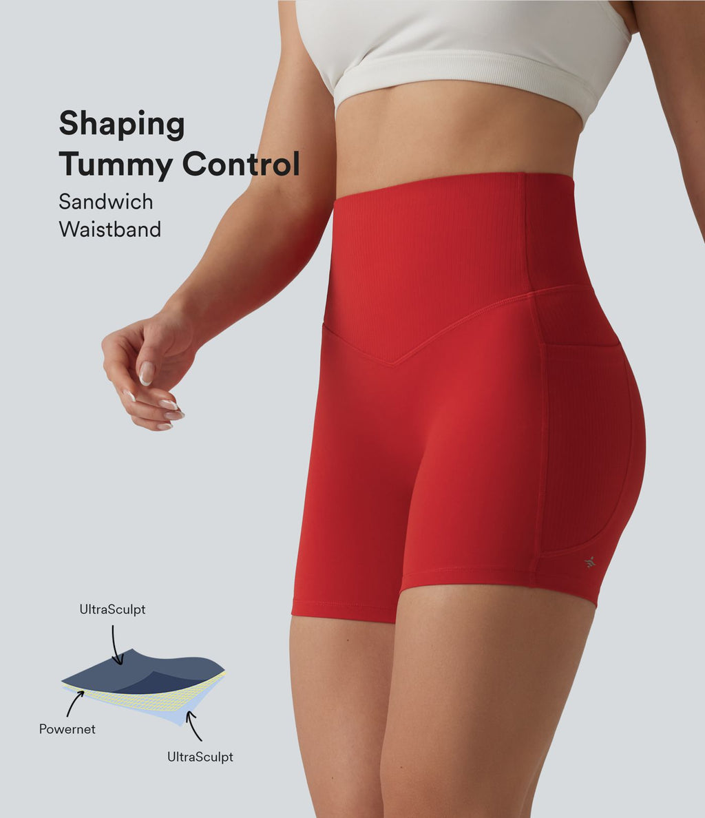 Short cycliste de yoga Halara UltraSculpt™ taille haute, ventre plat, côtelé contrasté, 12,5 cm, avec poches