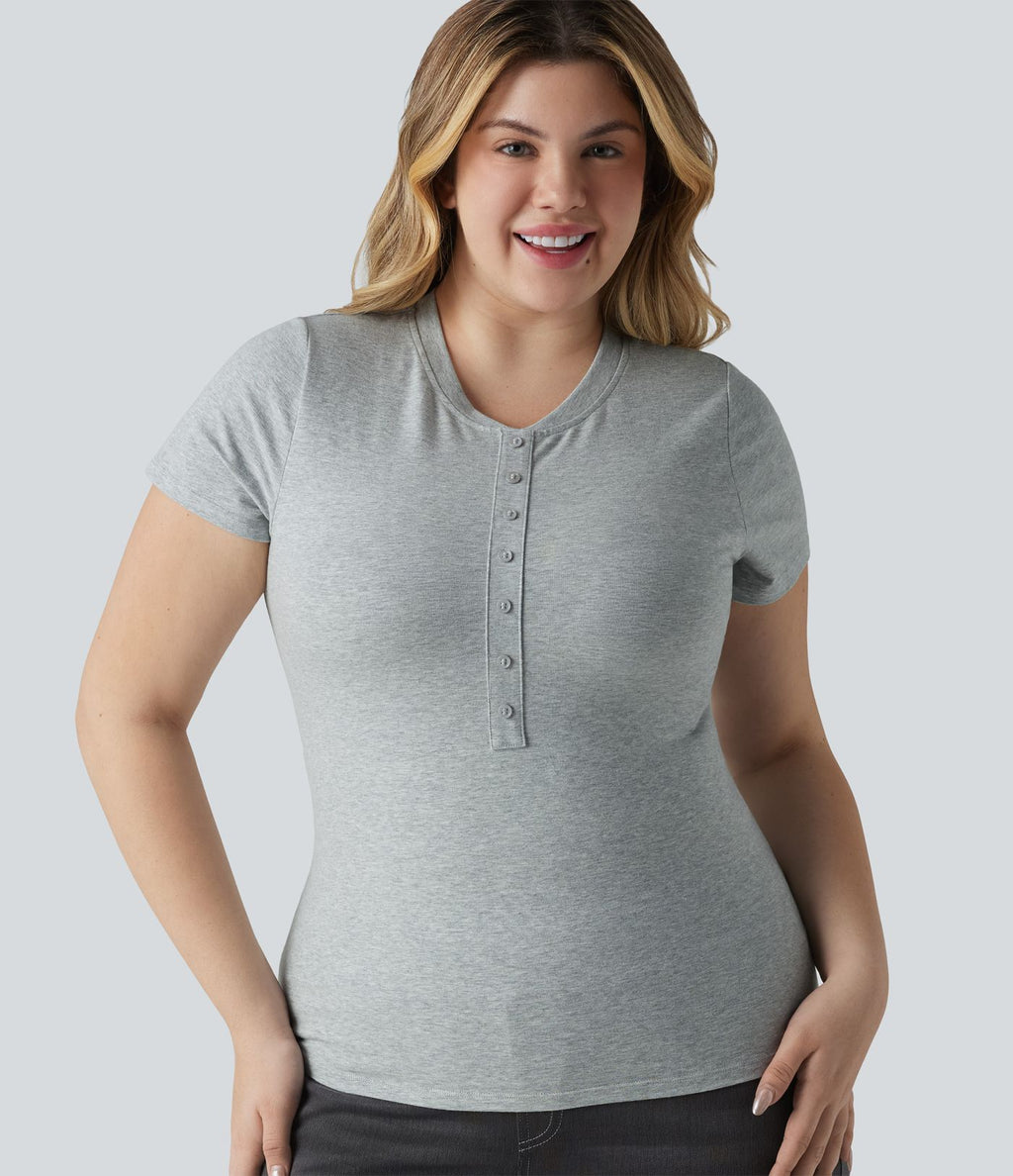 T-shirt Halara grande taille décontracté en jersey de coton, col Henley ultra-ajusté, manches courtes