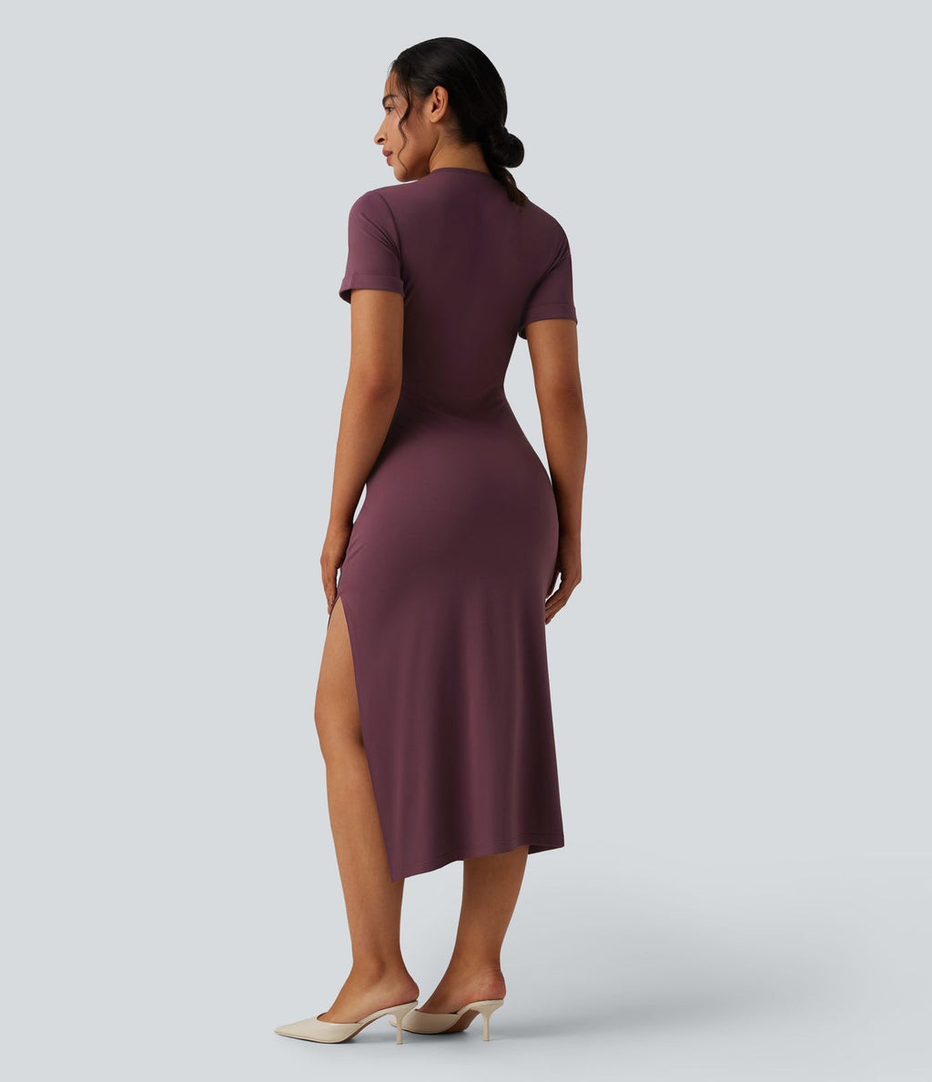 Robe midi décontractée col rond manches courtes