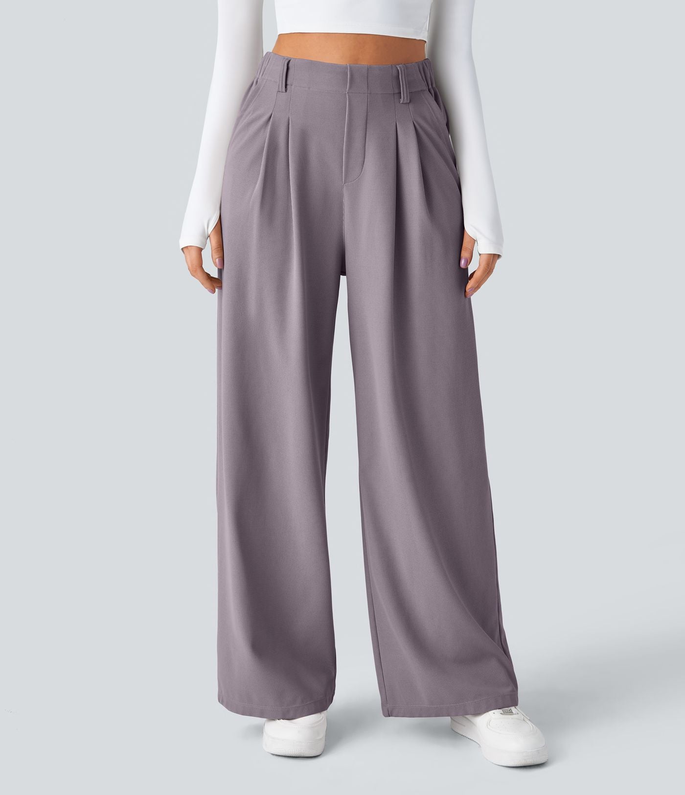 Halara Flex™ Pantalon Tailleur Large Fluide Gaufré Taille Haute Poches Latérales
