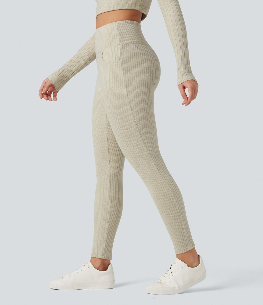 Legging côtelé croisé dans le dos taille haute avec poches