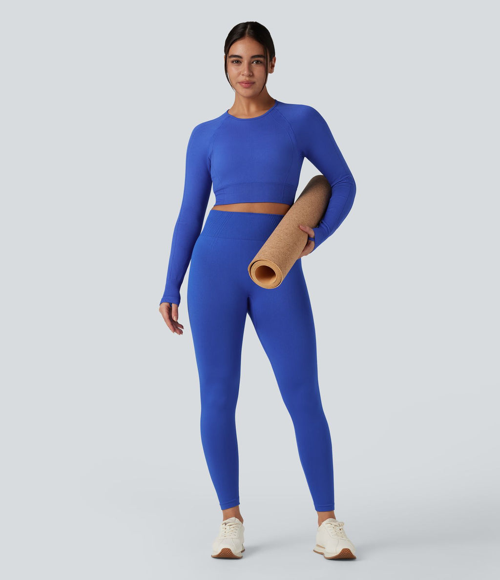 Haut de sport yoga court col rond à manches longues avec passants pouces sans couture OneForm Seamless Flow