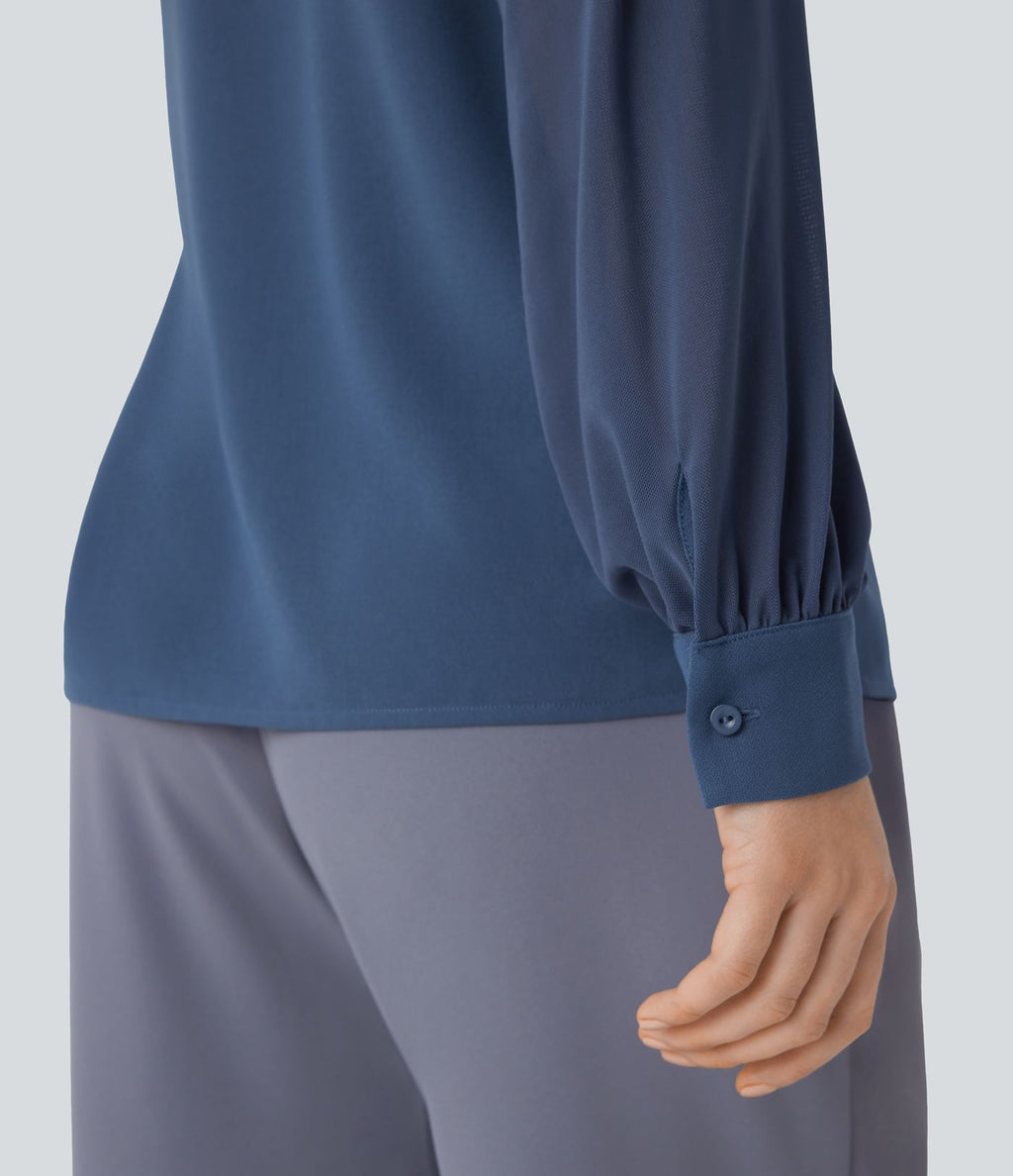 Blouse de travail à col montant avec dos ajouré, manches raglan et empiècements en mesh contrastant