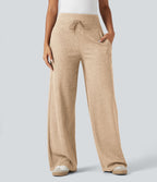 Pantalon jogging large décontracté côtelé gainant taille haute avec cordon de serrage et poches