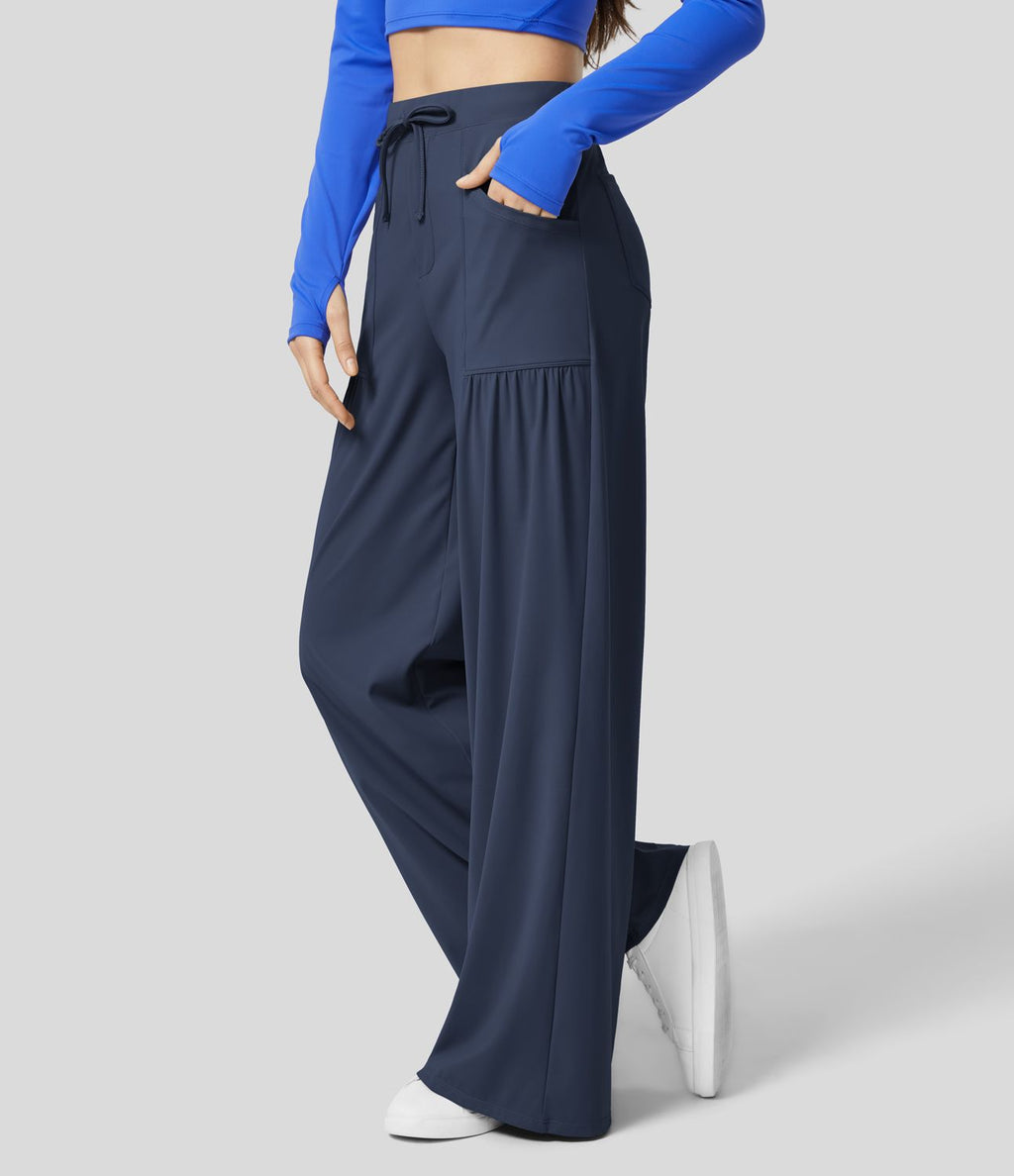 Pantalon Large Yoga Taille Haute avec Cordon de Serrage Plusieurs Poches et Plis