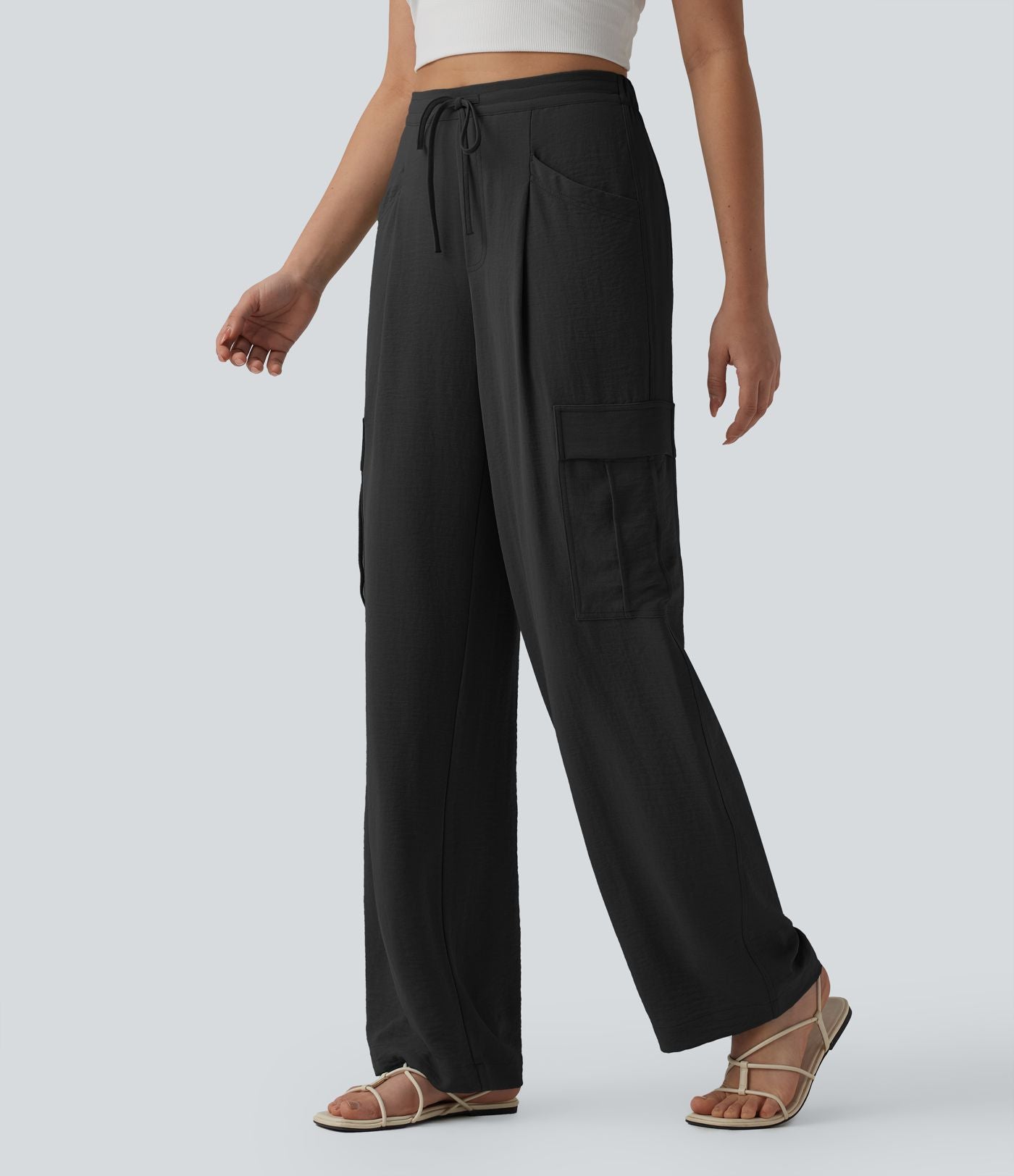 Pantalon cargo casual coupe droite taille mi-haute aspect lin à cordon de serrage avec poches