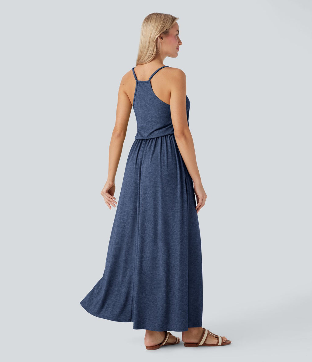 Robe longue fluide type nuisette à bretelles ajustables avec poches