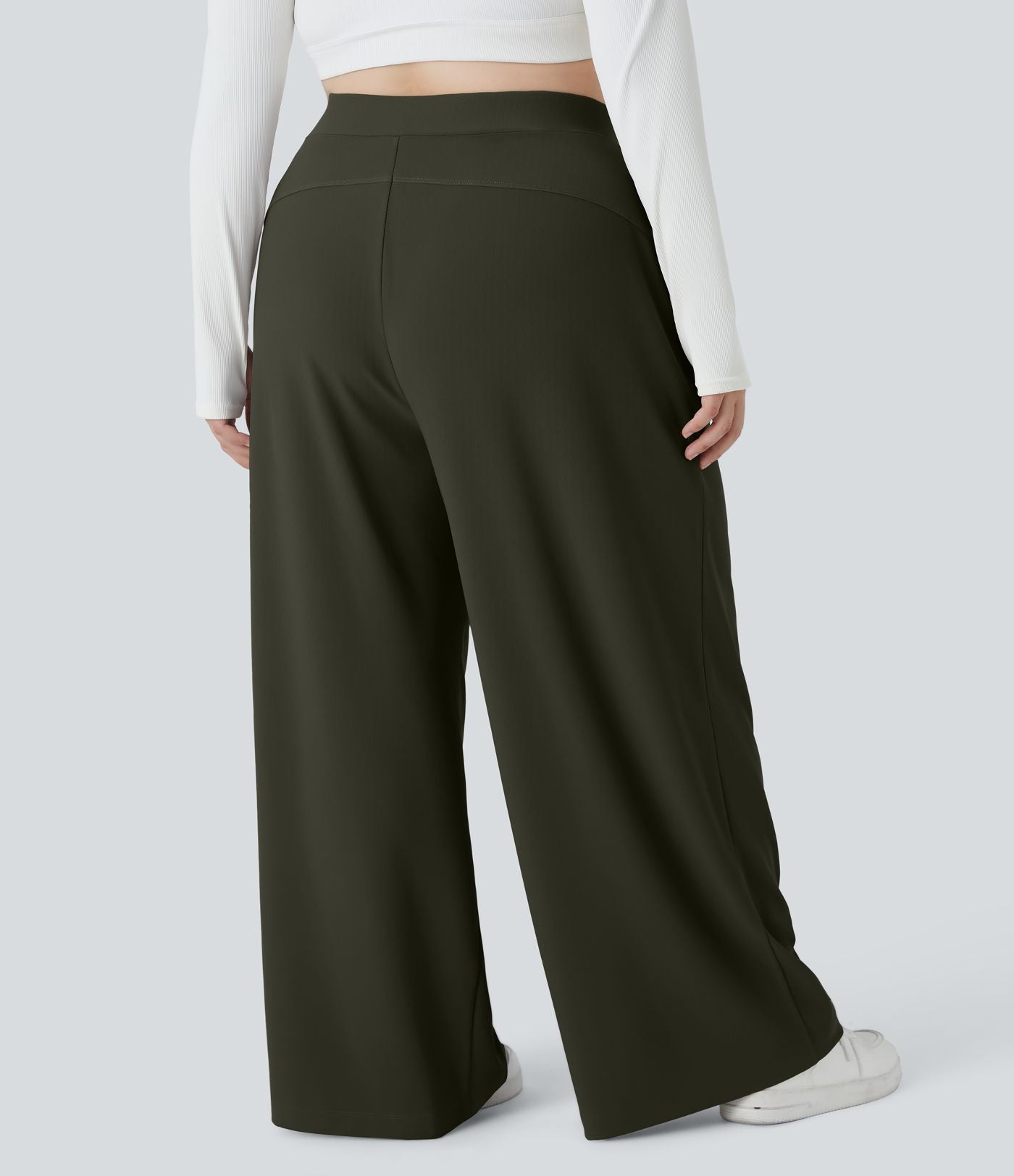 Pantalon de travail grande taille Halara Flex™ à taille haute sculptante et amincissante, poches latérales, jambes larges et tissu micro-gaufré