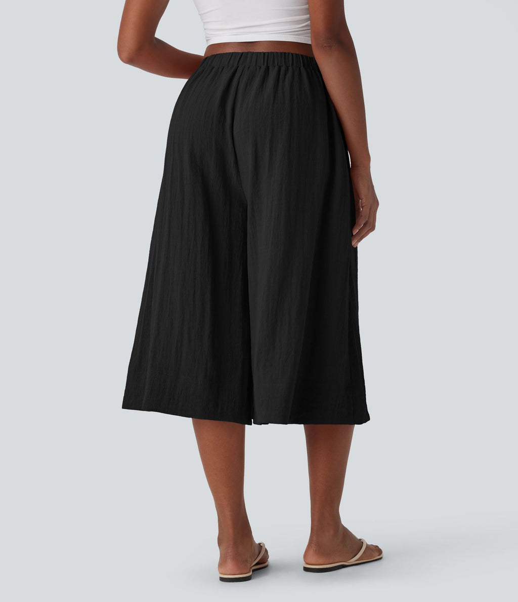 Pantalon fluide large taille mi-haute effet lin avec poche