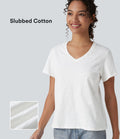T-shirt casual ample col V manches courtes en coton slub